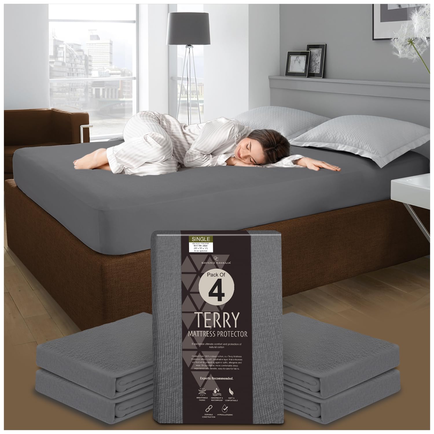 GC GAVENO CAVAILIA Pack of 4 Terry Towelling Mattress Protector - Waterproof Mattress Cover - 30cm Single Mattress Protector Fitted Sheet - Breathable Bed Mattress Protectors (190 x 90cm) - Charcoal