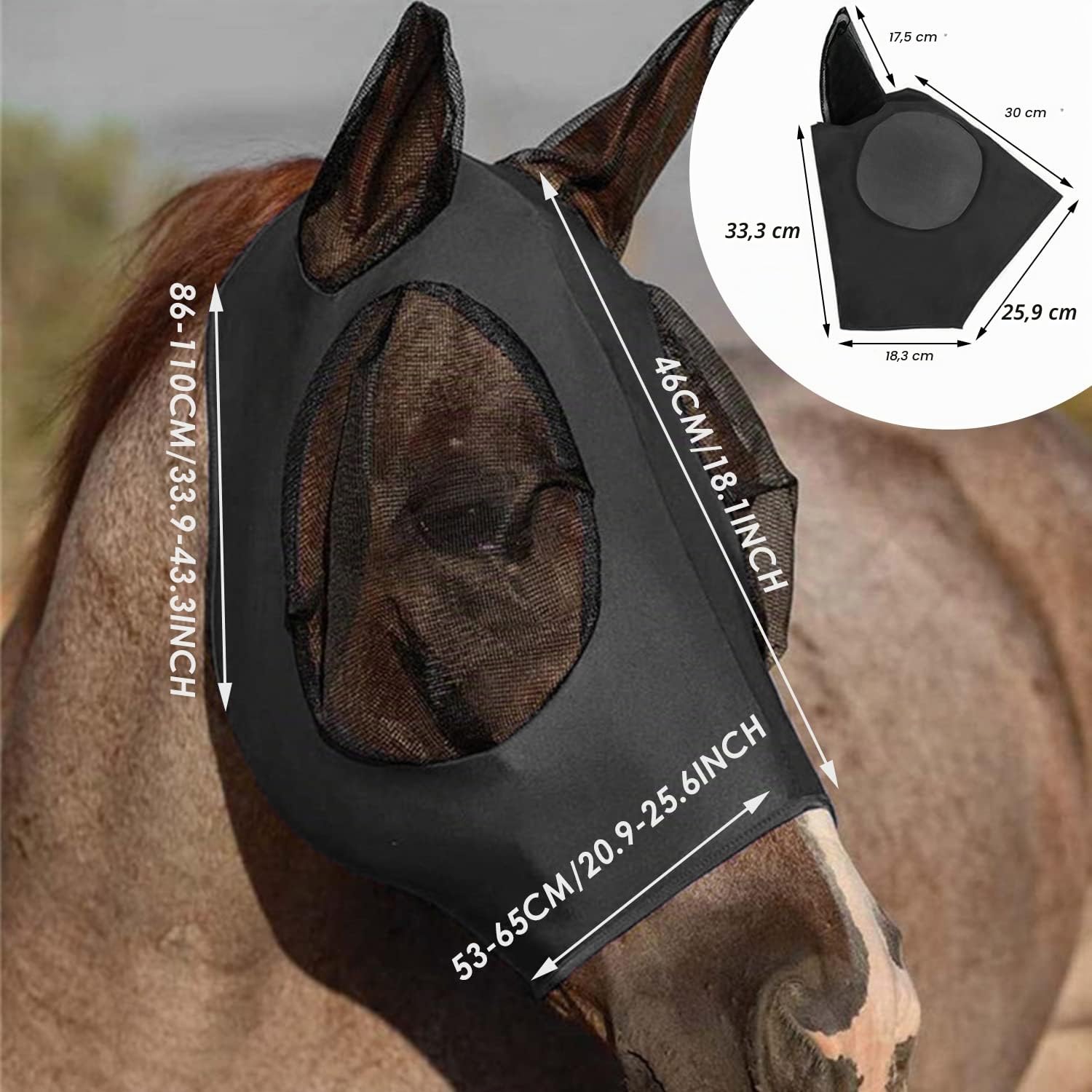 Máscara antimoscas para caballos con orejeras, malla transpirable anti-UV, elástica (negro)