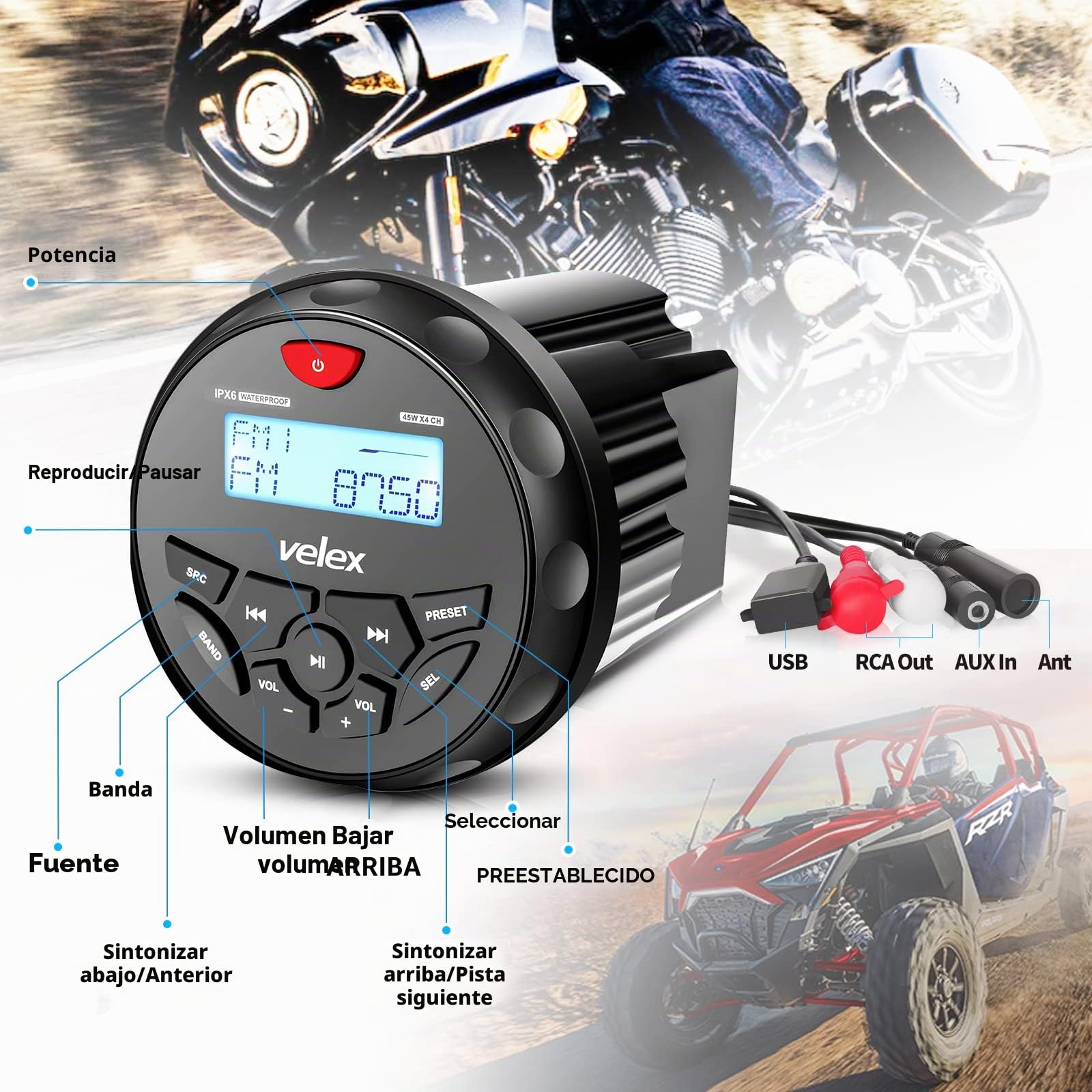 Bluetooth impermeable estéreo 2 x 6,5 pulgadas negro receptor de altavoces con radio DAB+/AM/FM Streaming música en barcos Golf Carros ATV UTV y Spa (DAB+)