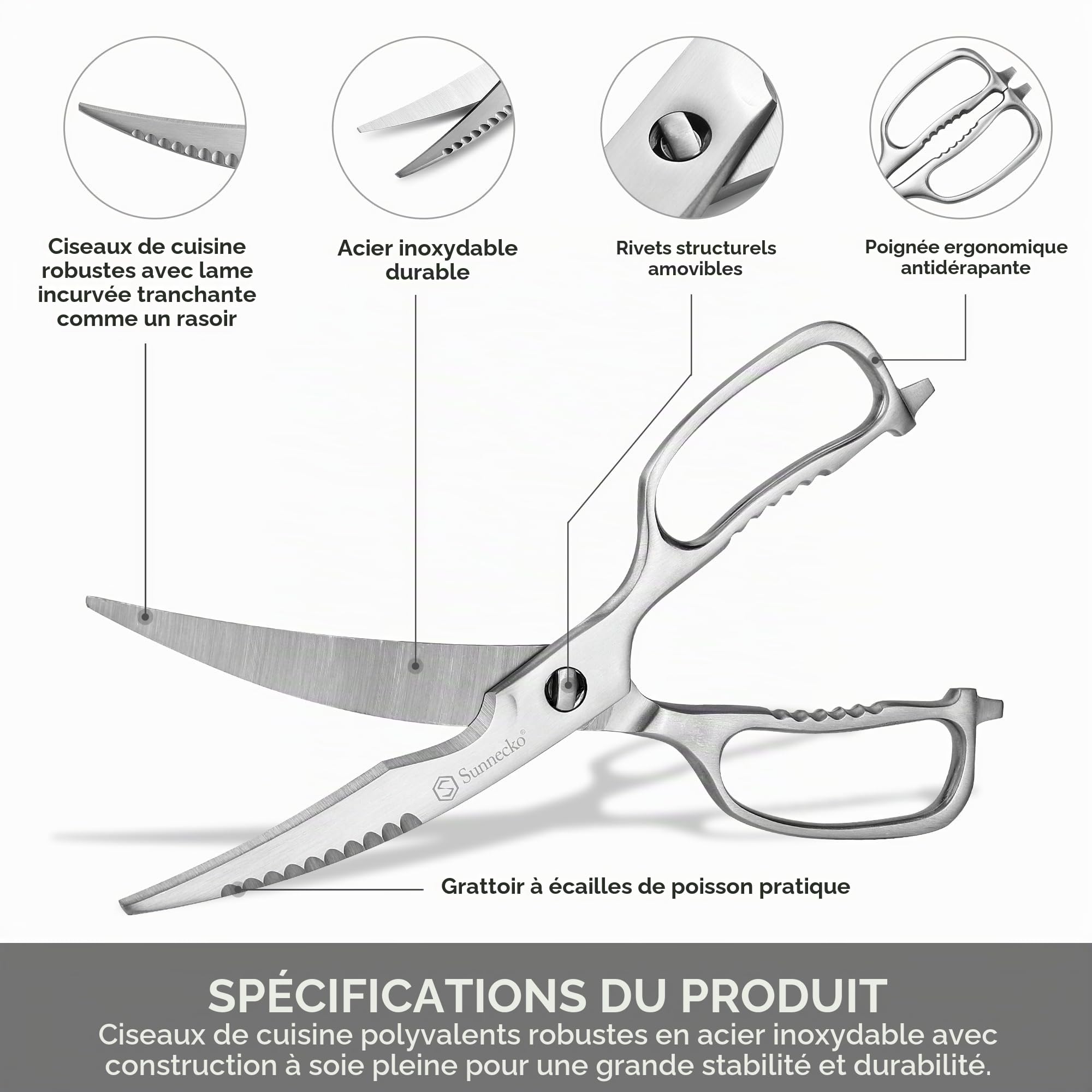 Sunnecko Stainless Steel Kitchen Scissors | Professional Kitchen Scissors for Left and Right Handed, Multifunctional Kitchen Scissors for Poultry Herbs Aromatic