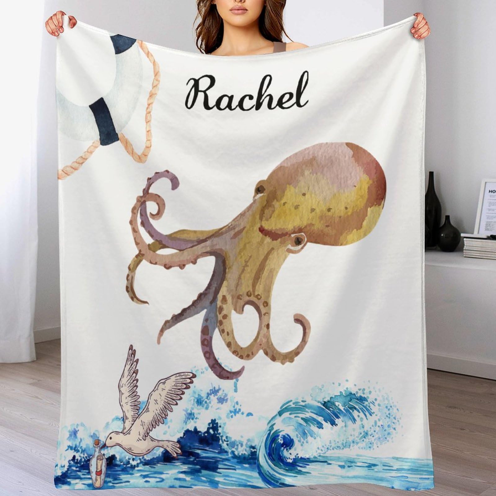 PODbyyou Life Buoy Coastal Sea Life Octopus Flannel Blanket Watercolor Blue  Ocean Wave Buoy Seagull Blanket Custom Name Back to School Soft Fluffy  Flannel Plush Throw Blanket for Sofa 70x80in : Amazon.co.uk: