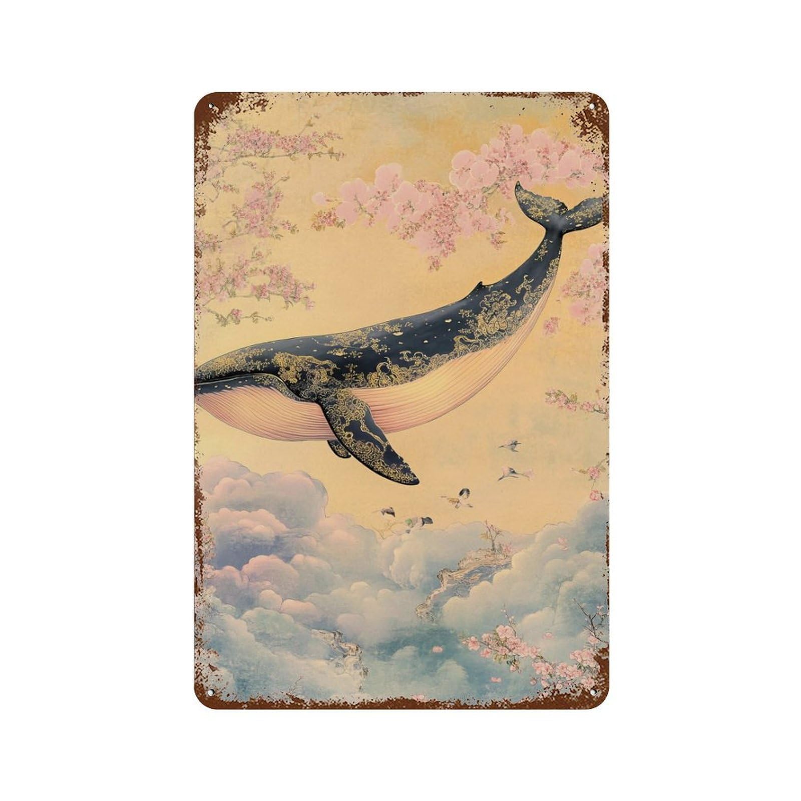 Whale in Cherry Blossom Sky Retro Metal Sign 11.8"x7.9", for Bistro, Counter And Cafe Decor, Rustic Home Decor