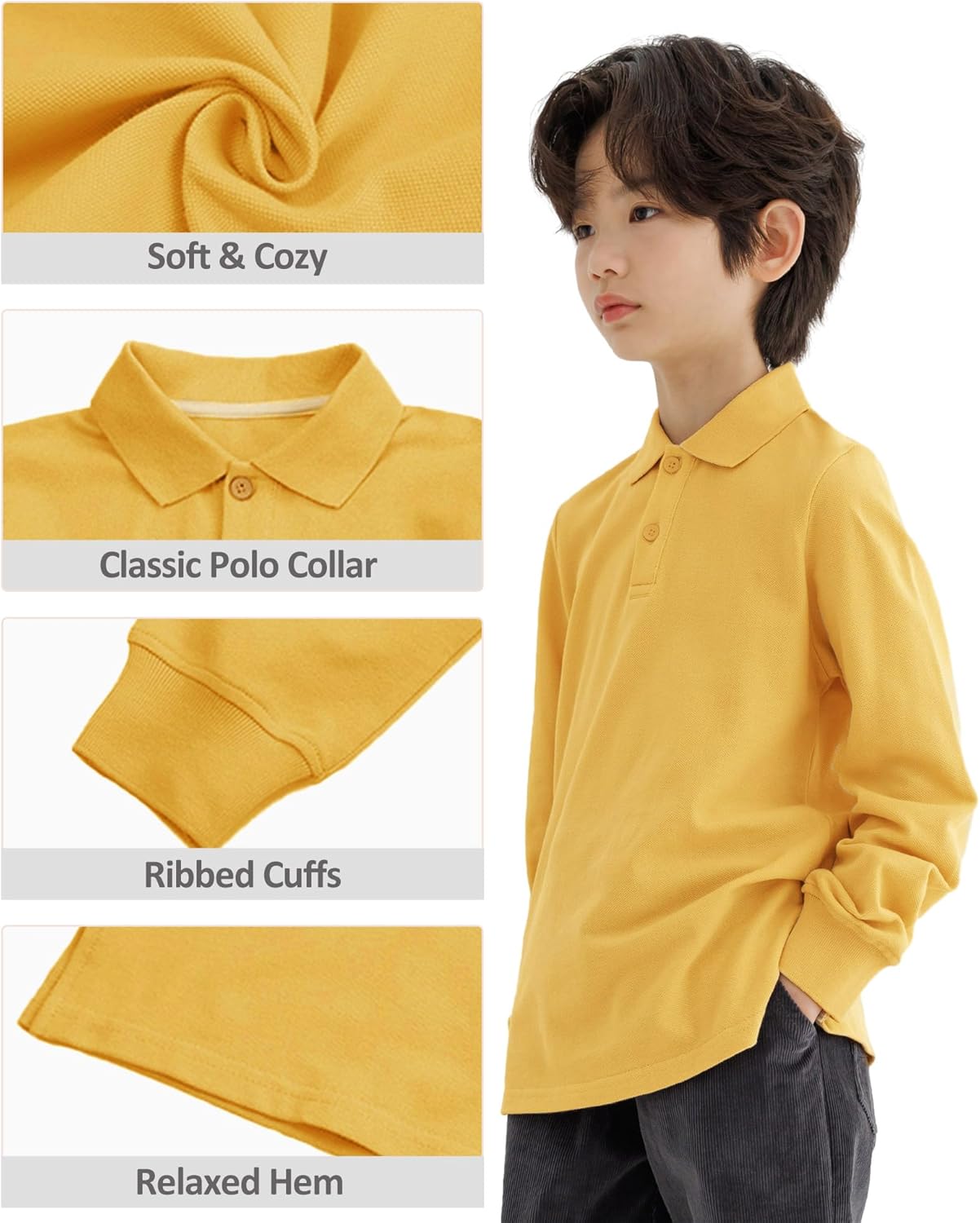 CUNYI Boys Long Sleeve Pique Polo Shirt School Uniform Button Closure Kids Golf Tops Cotton - Image 2