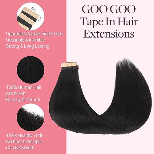 Miniatura 3 de GOO GOO Extensiones de cabello humano con cinta, 1B negro natural, 18 pulgadas, 1.76 onzas, 20 unidades, puntas gruesas, cinta adhesiva, sin