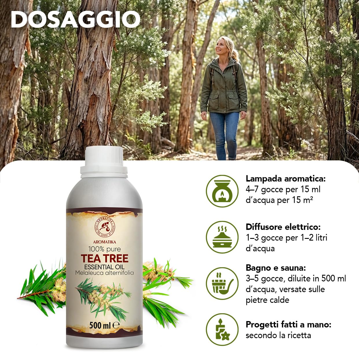 Olio Essenziale Dell'albero Del Tè 500 ml - Melaleuca Alternifolia - Naturale e Puro - Olio essenziali per Diffusori - Profumi per la Casa - Saponi e Candele - Sauna - Aroma Fresco - Aromaterapia