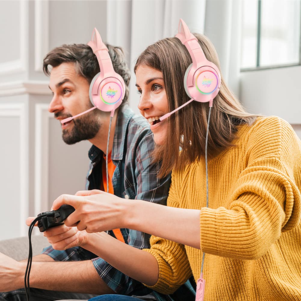 Cuffie Da Gioco Gaming Rosa con Orecchie di Gatto USB Cablate | Auricolari Gaming headset con Microfono, Suono Surround 7.1, Riduzione del Rumore, Luce LED, Cat Ear, Per Adulti Ragazze PC
