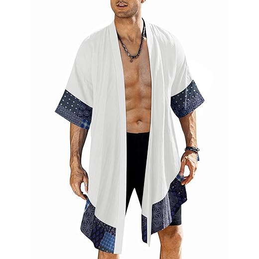 COOFANDY Men's Cotton Linen Cardigan Kimono Style Poncho Cloak Open Front Cape,White,X-Large