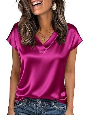 Zeagoo Women Silk Satin Tops Cap Short Sleeve Blouse V Neck Shirts Business Casual Outfits S-2XL