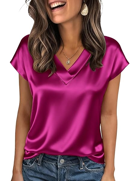 Zeagoo Women Silk Satin Tops Cap Short Sleeve Blouse V Neck Shirts Business Casual Outfits S-2XL