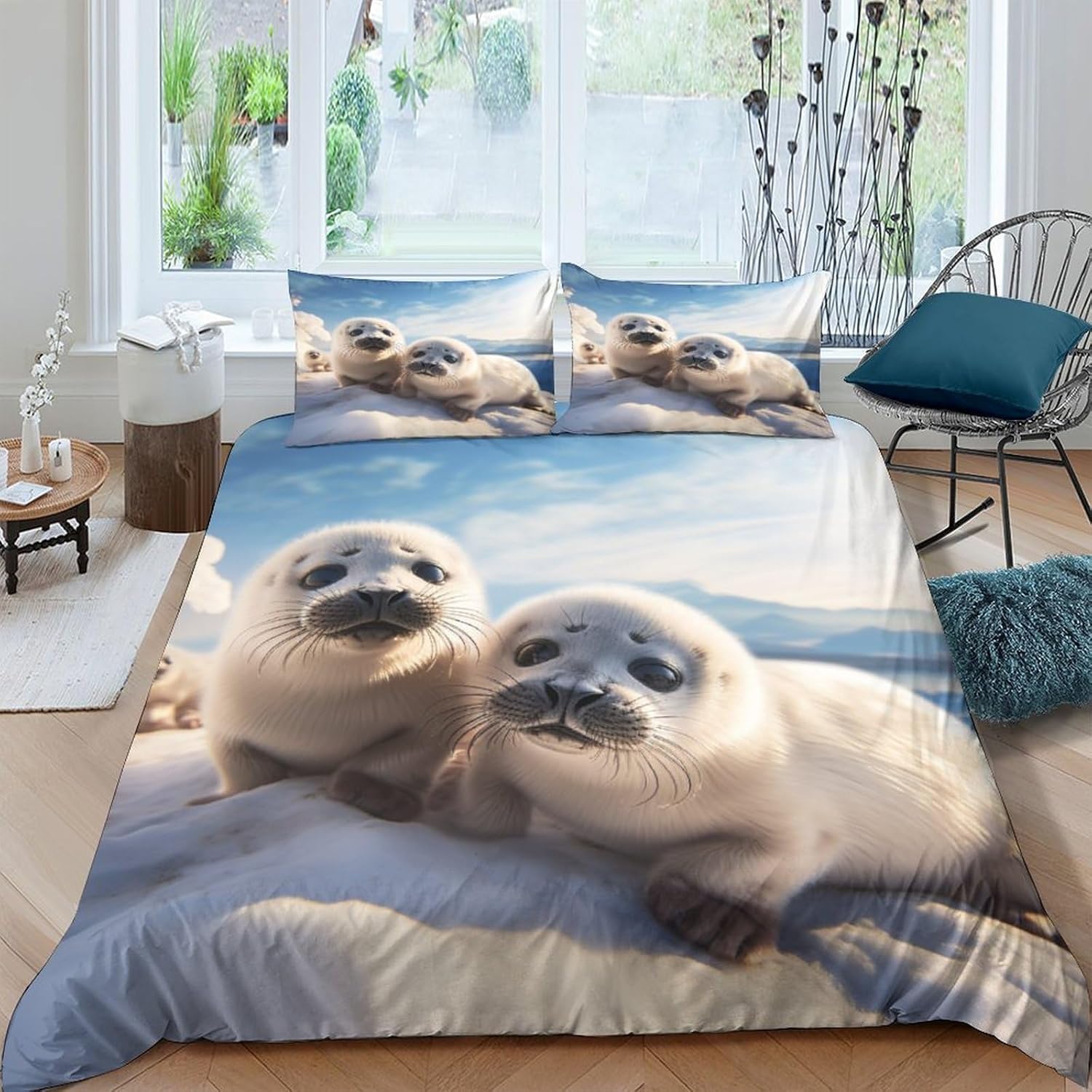Funda Nordica Cama 135/150 Cachorro de Foca Funda Edredon 240x220 Animales Lindos 3D Fundas de Edredón Microfibra Suave Ropa de Cama de 3 Piezas con Cremallera y 2 Fundas de Almohada K-1280