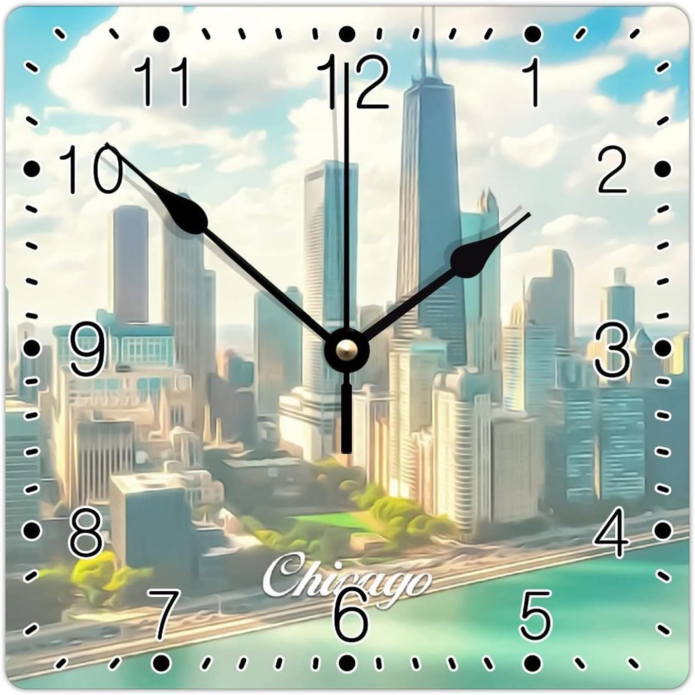 Illinois USA Cityscape Square Wall Clock Chicago Travel Wall Clock Decorative Clocks Battery Operated 12 Inch Non-Ticking Modern Wall Decor Home Decor for Living Room Kitchen Bedroom Office