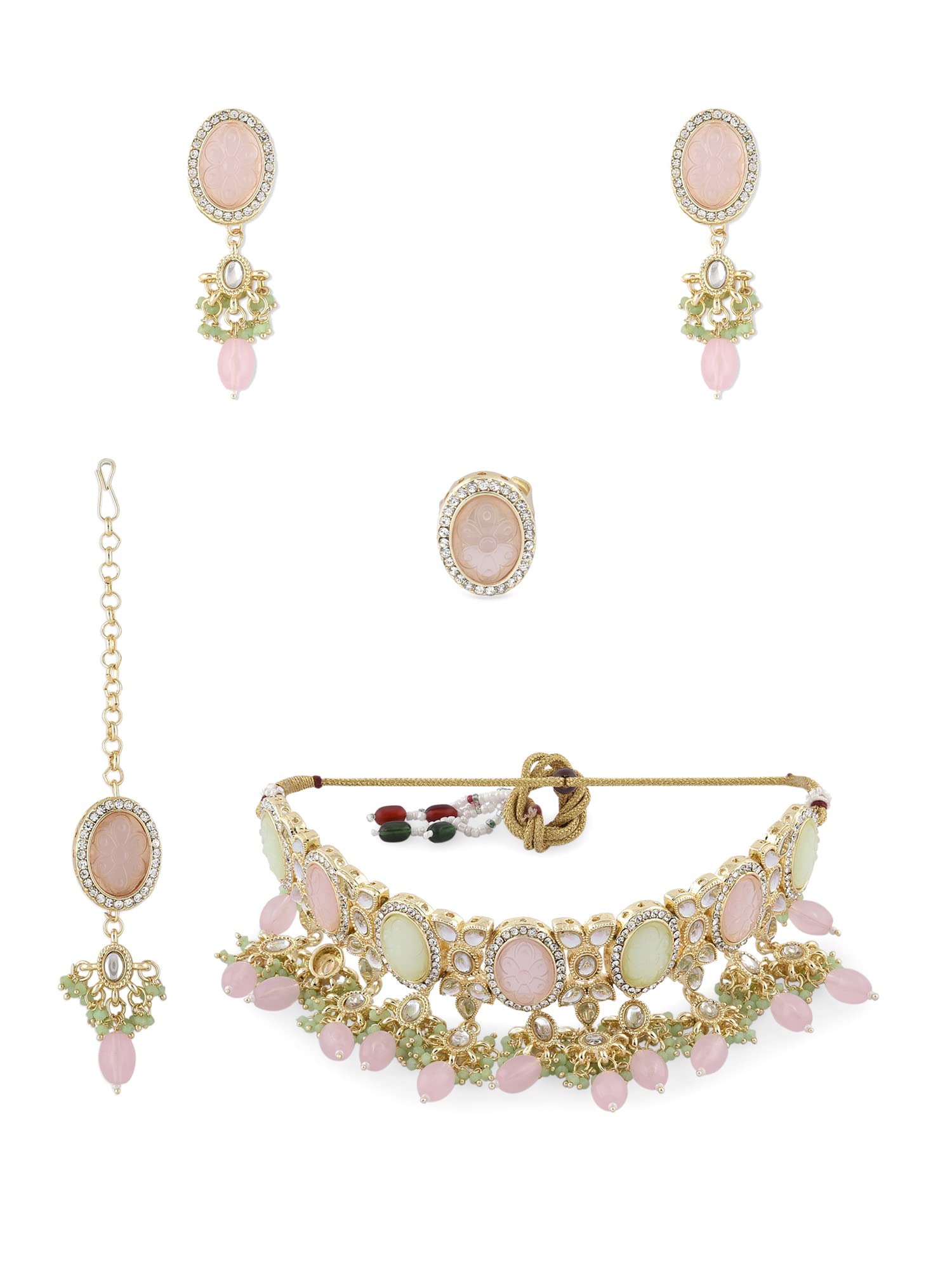 ZAVERI PEARLS Pink Green Stones Beads Kundan Necklace Earring Ring & Maangtikka Set For Women-ZPFK15376 (B0BRNCZF9Y) Amazon Price History, Amazon Price Tracker