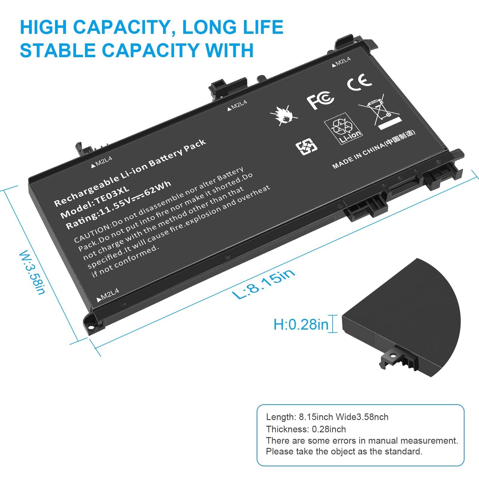 ASUNCELL 11.55V/62Wh TE03XL Batería del Ordenador portátil para HP Omen 15-AX000 15T-AX000 Series, HP Pavilion 15-BC000 15-BC300 15-BC400 15T-BC000 15T-BC300 Series, TE03XL HSTNN-UB7A TPN-Q173