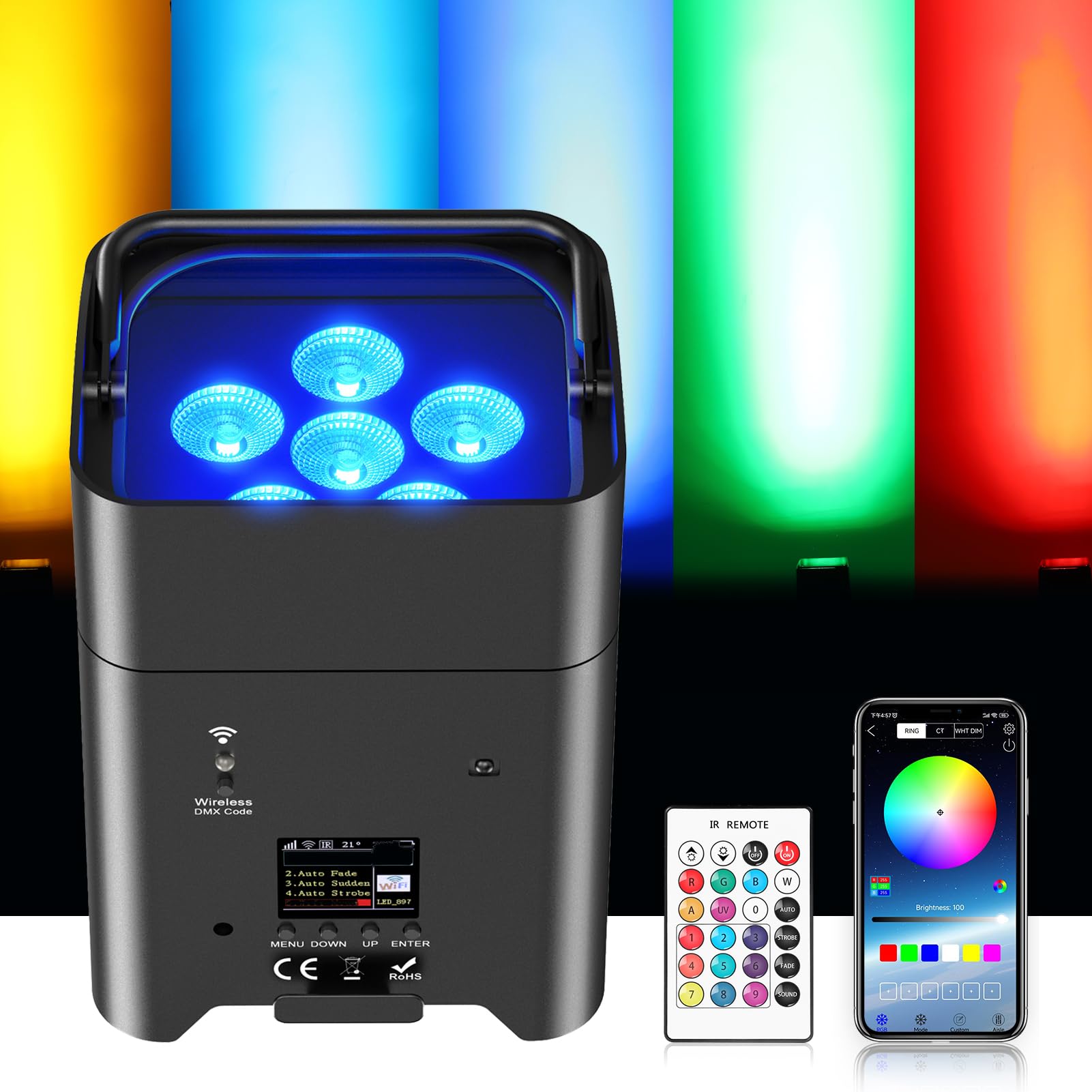 108W led par Faro Batteria Ricaricabile 9600mAh, RGBWA+UV luce palcoscenico Uplight Outdoor con telecomando/DMX/APP (iOS e Android) luce da discoteca per DJ Party Bar Natale Matrimonio
