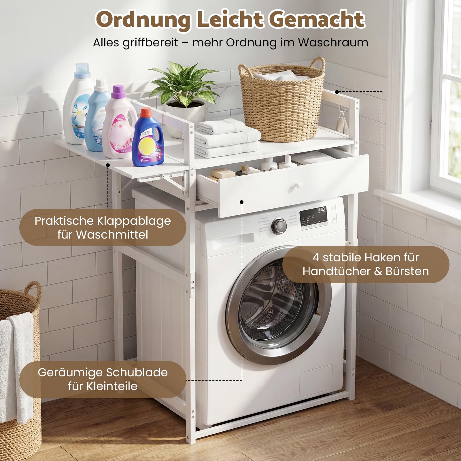 Waschmaschinenregal mit Schublade bis 150kg, stabiler Metallschrank für Waschmaschine und Trockner