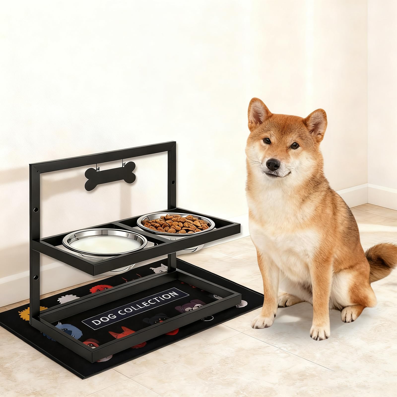 Gamelles surélevées pour chien avec tapis, support de gamelle surélevée réglable en hauteur avec 2 gamelles en acier inoxydable pour animaux de compagnie, station d'alimentation en métal pour chiens