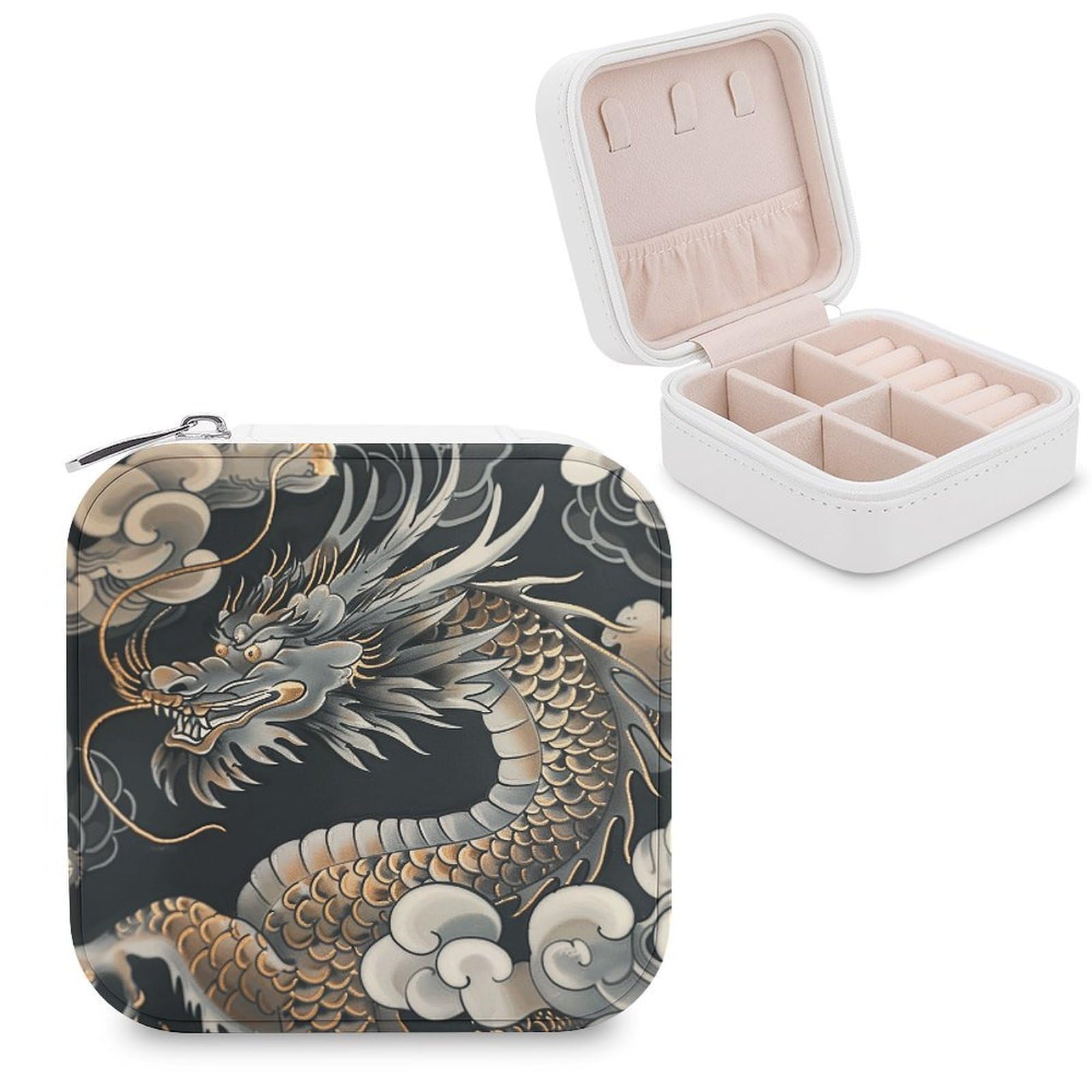 VstaDank Black Oriental Dragon Travel Jewelry Case Zipper Portable Small Jewelry Box Custom Pu Leather Mini Traveling Jewelry Organizer for Rings Earrings Necklace Bracelet Girls Women