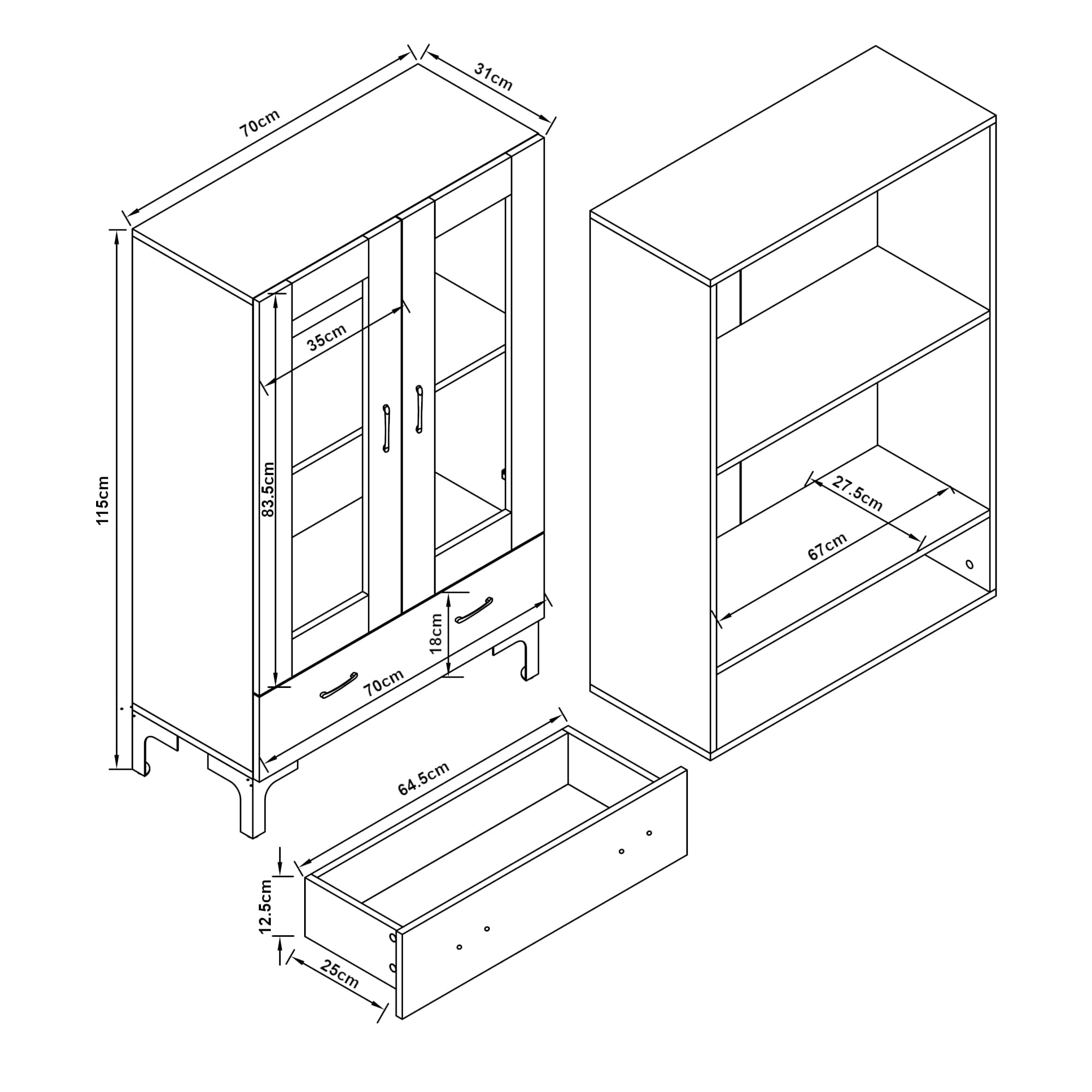 [en.casa] Vitrina Søndersø Aparador para salón Mueble Auxiliar para Comedor Oficina con Estante Cajón 2 Puertas de Cristal Aglomerado 115 x 70 x 31 cm - Efecto Roble y Negro