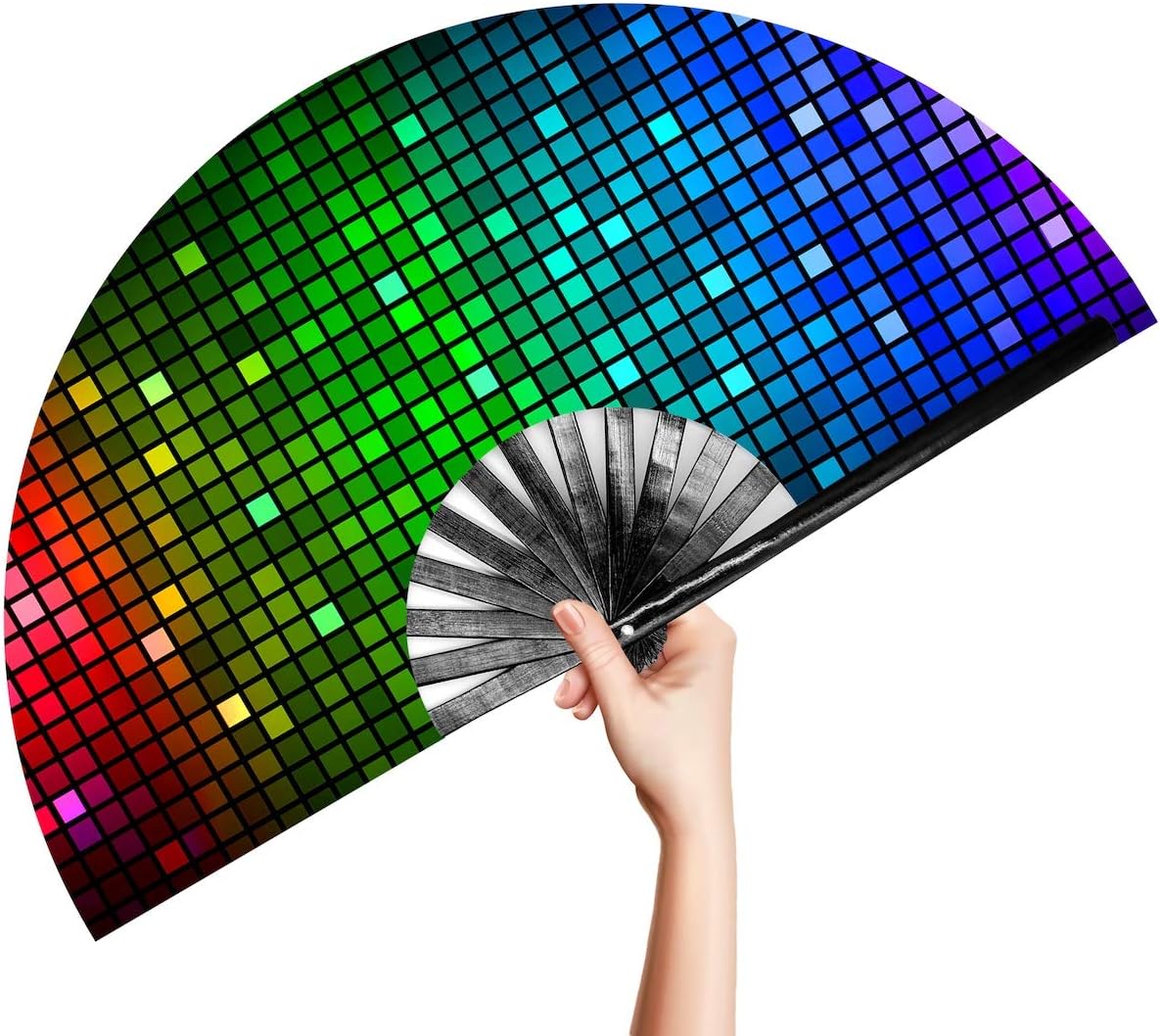 OMyTea Large Rave Folding Hand Fan for Men/Women - 13'' Foldable Clack Festival fan (DJ Lights Squares)