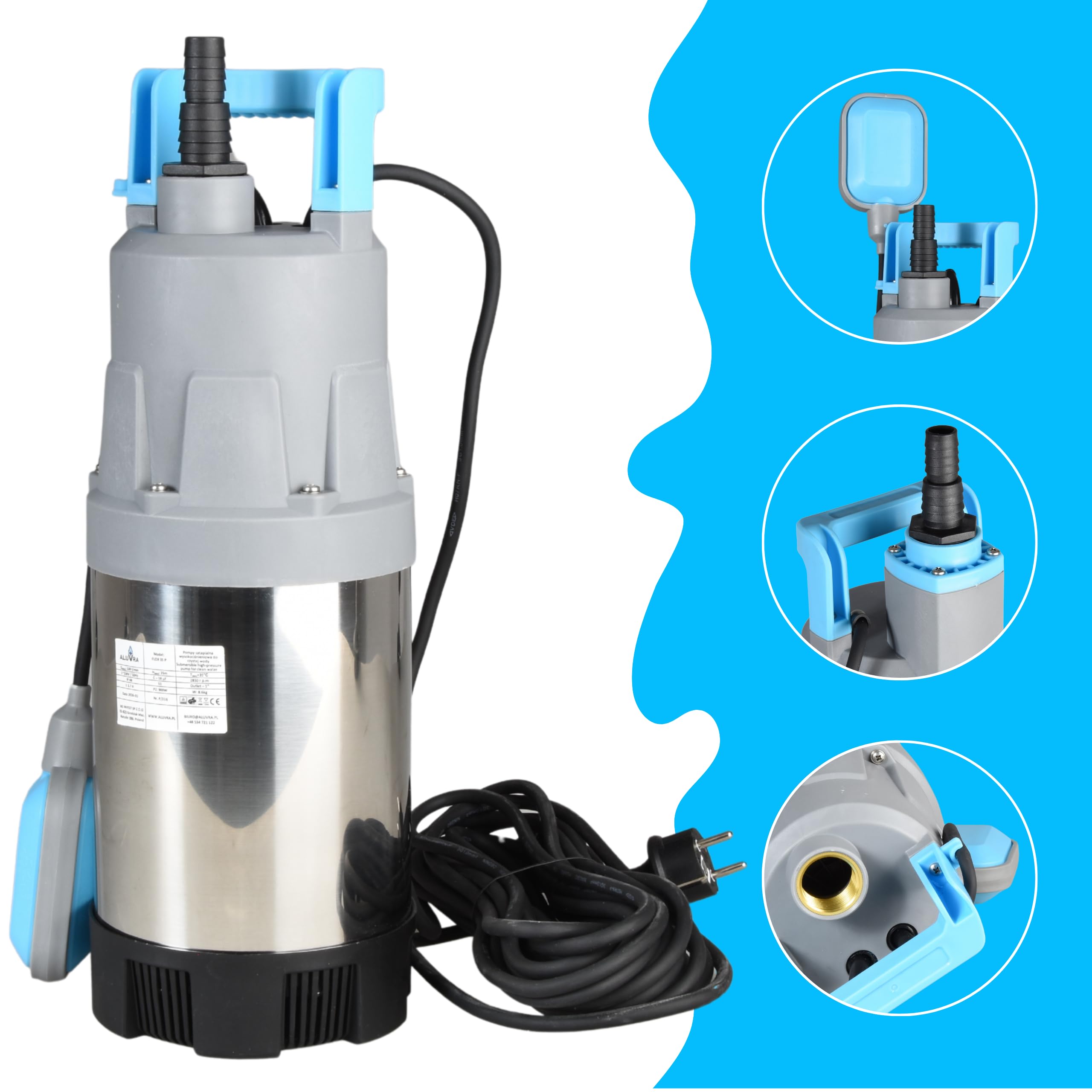 Pompe Submersible FLOX 35P INOX avec Flotteur pour Eaux Propres (900 W, 6000 l/h, hauteur de refoulement 35 m) - Pompe Immergée pour Récupération d’Eau de Pluie, Arrosage Jardin, Piscine et Cave
