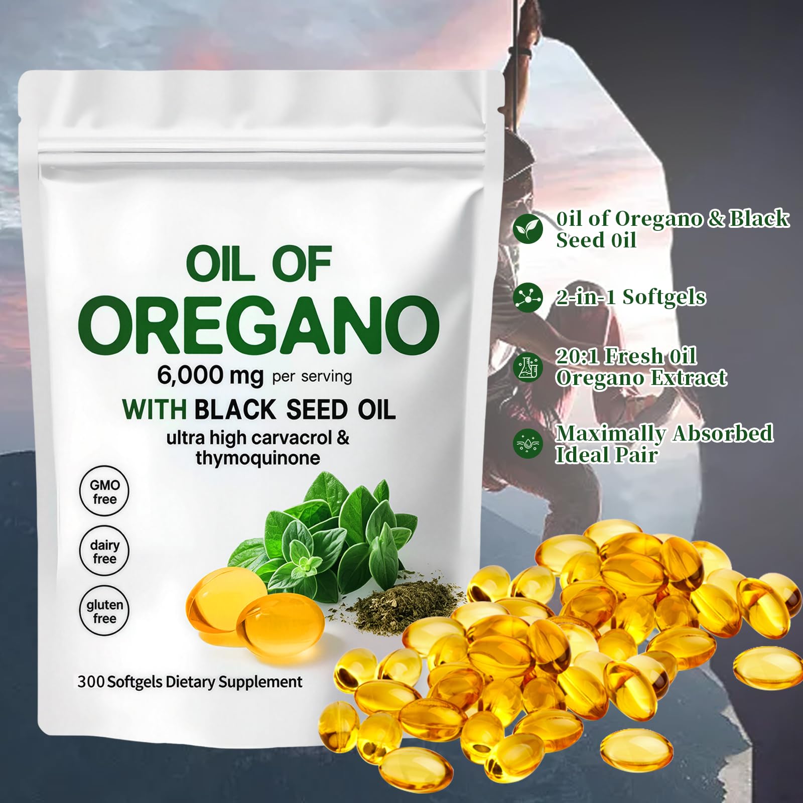 Oil of Oregano with Black Seed Oil,2-in-1 Oregano Oil Capsules Organic,6000mg Per Serving,300 Softgels,4X Strength Carvacrol & Thymoquinone,Non-GMO,Gluten Free & Immune Support — Amazon image 5