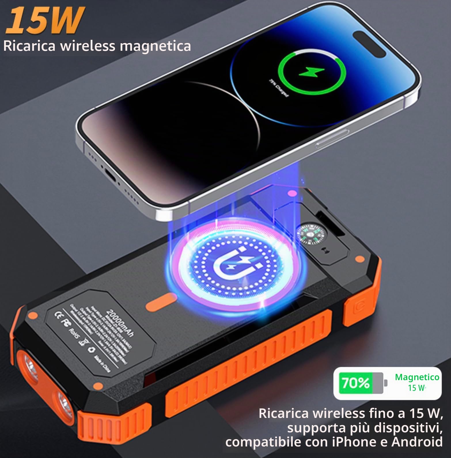 Power Bank Solar 20000 mAh con ricarica wireless - Batteria esterna impermeabile con pannello solare, ricarica rapida USB e USB-C, torcia e bussola - caricabatterie portatile per iPhone, Samsung