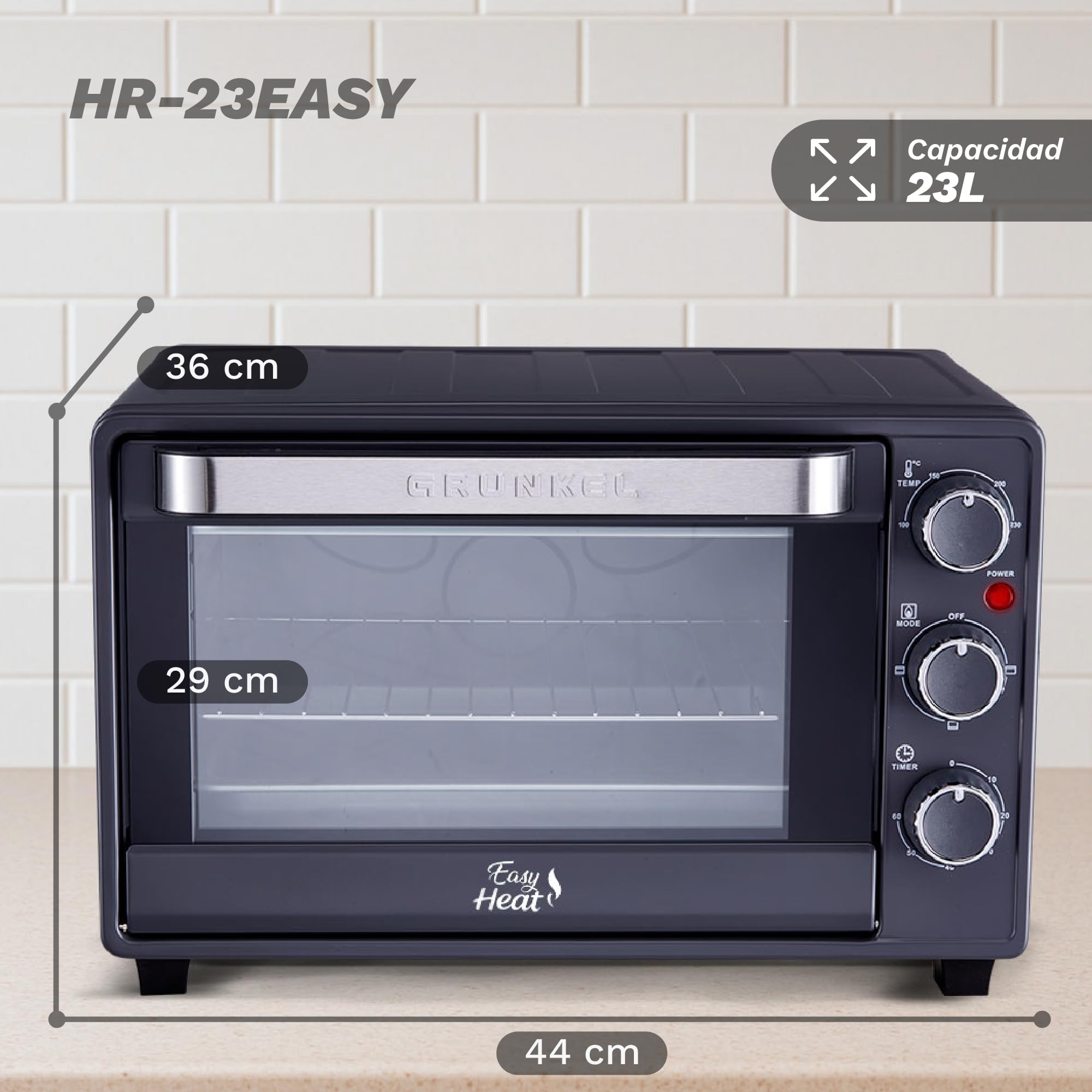 Grunkel Forno elettrico multifunzione da tavolo da 23 l, con 3 funzioni di calore e selettore di temperatura fino a 230 °C. Timer fino a 60 minuti - 1600 W