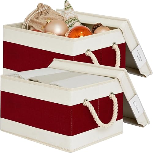 LoforHoney Home Contenedores de almacenamiento de tela con tapas para Navidad, cajas de almacenamiento plegables con tapas para estantes, cestas de