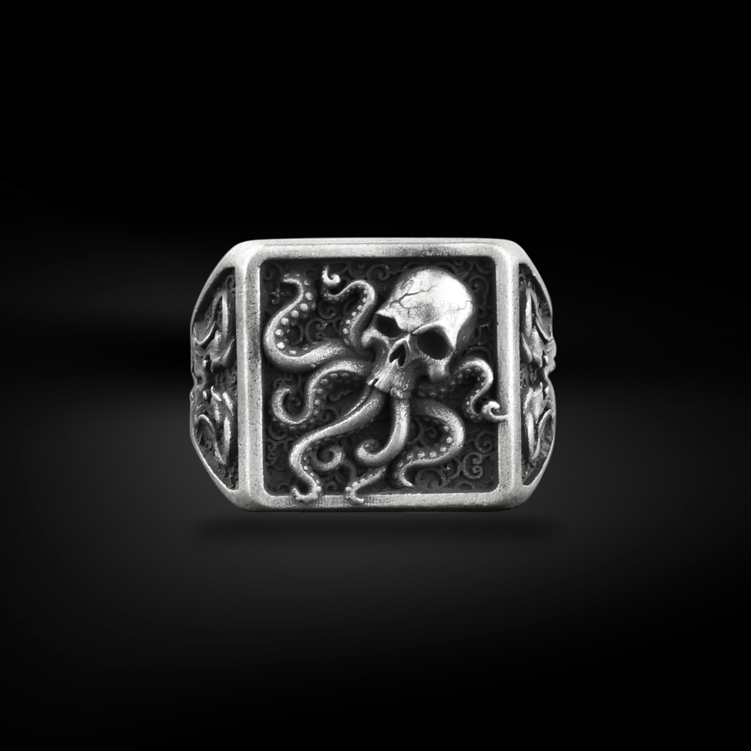 BySilverStone Jewelry Silberring Für Herren – Oktopus-Schädel Mit Seetang-Ring, Kraken-Herren-Siegelring Aus Oxidiertem Sterlingsilber, Gothic-Tierring Für Herren, Tentakel-Punk