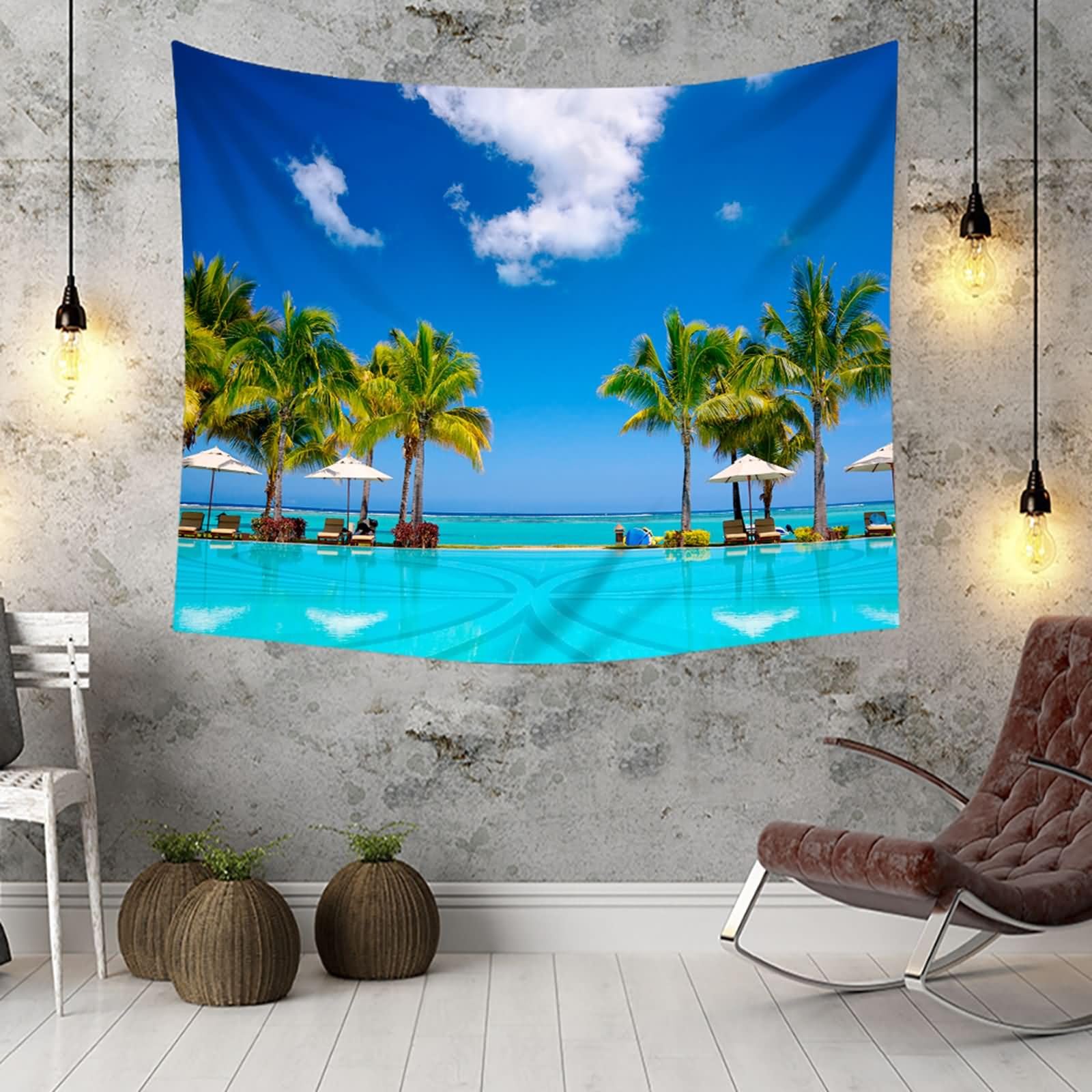 Homxi Tapiz de Sofá 240 W x 220 H CM, Paisaje de Piscina y Silla, Tapices Salon Poliéster, Azul Verde