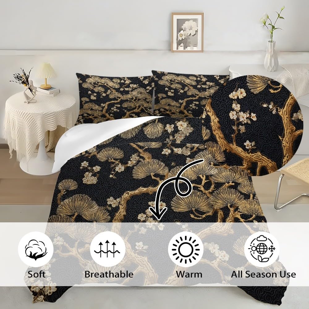Japońskie kwiaty wiśni zestaw poszewek na kołdrę zestawy pościeli rozmiar euro 152 x 200 cm miękka i oddychająca szczotkowana mikrofibra złota poszewka na kołdrę 3 sztuki dla dzieci dorosłych