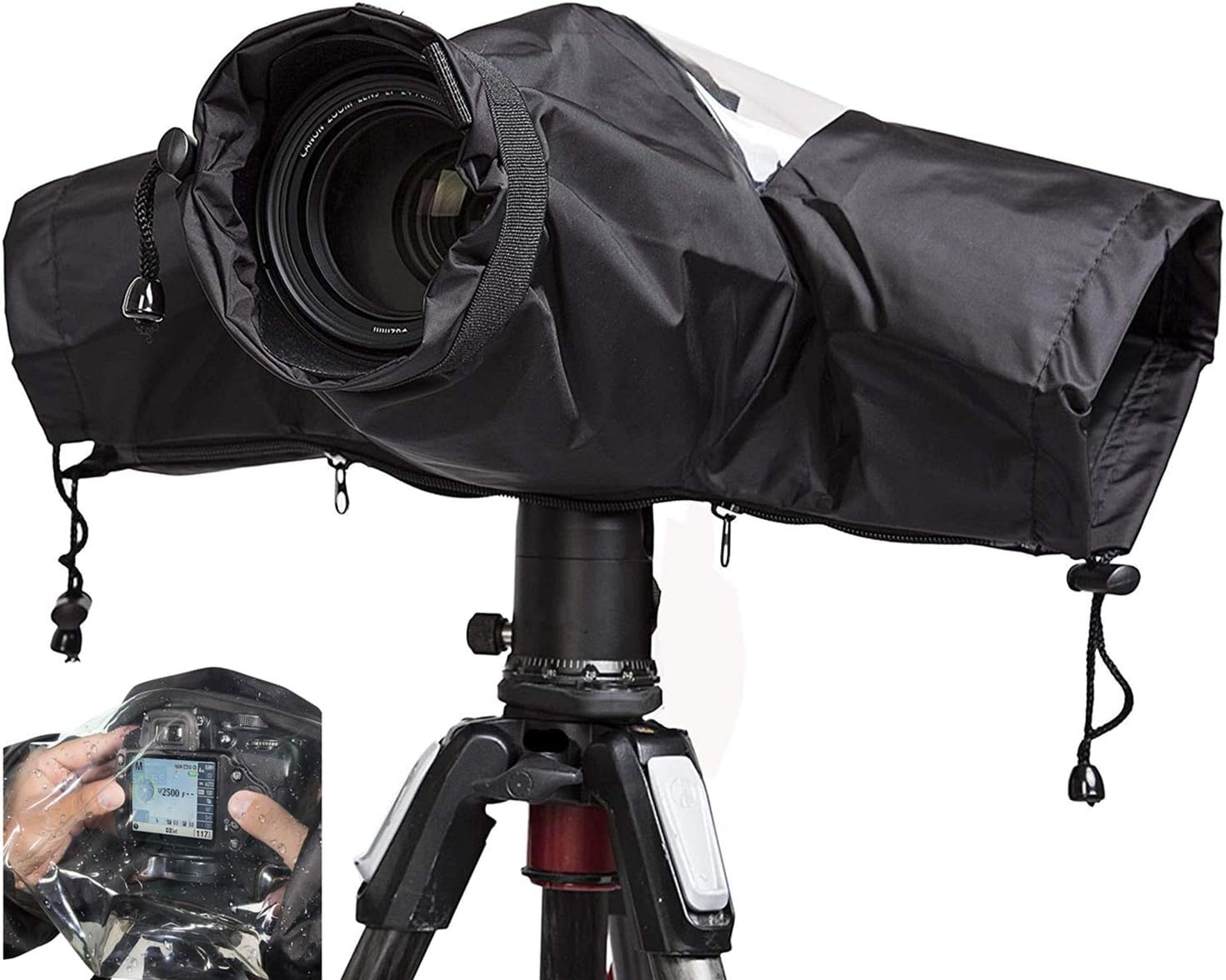 waterproof camera rain cover for dslr and mirrorless cameras, full protection rain sleeve with lens cover and transparent viewing window