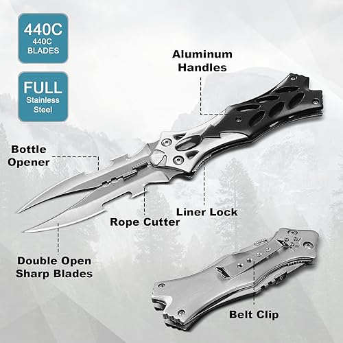 Miniatura 3 de LFHC Cuchillo de doble hoja de bolsillo, cuchillo plegable táctico de doble filo, 8.5 pulgadas, para acampar al aire libre, multifuncional,