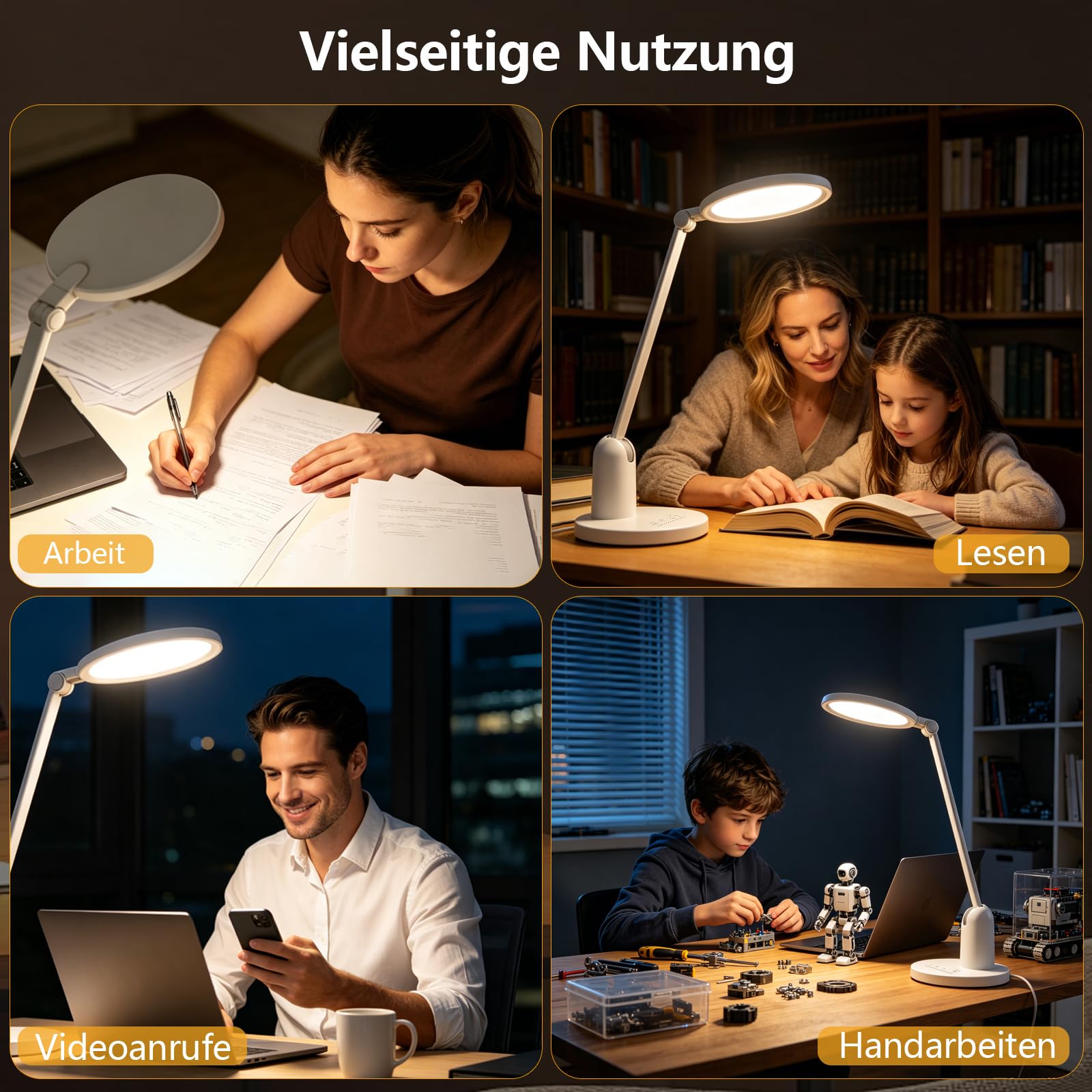 Coollamp Schreibtischlampe LED, Dimmbar Augenschutz Desk Lamp mit 3 Farbmodi, Touch Steuerung, Timer & Memory Tischlampen für Büroarbeit, Lesen, Basteln, Kinder (Weiß)