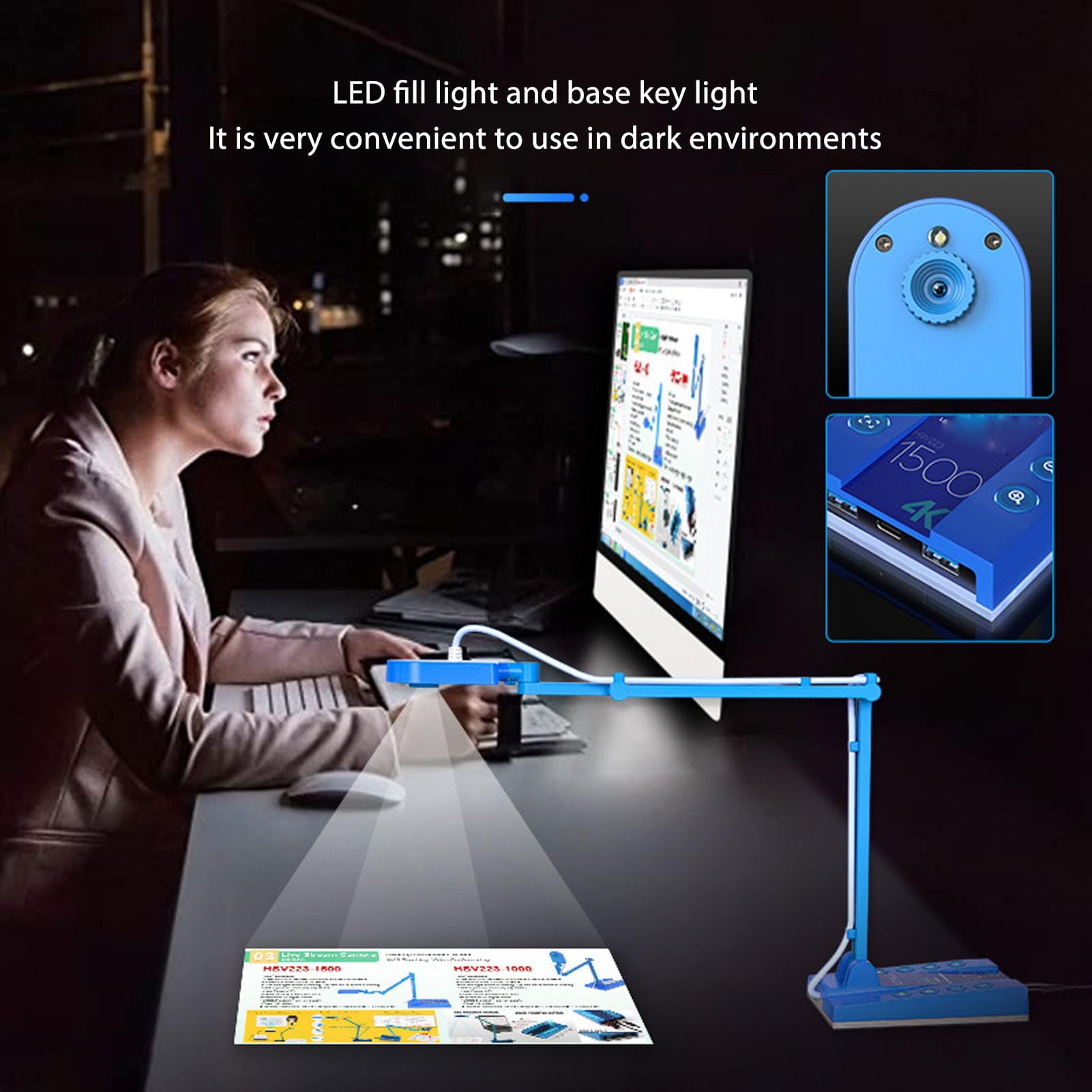 VBESTLIFE Caméra de Documents USB 15MP 4K avec Lumière LED, Pliable Autofocus HD, Zoom Numérique 4x