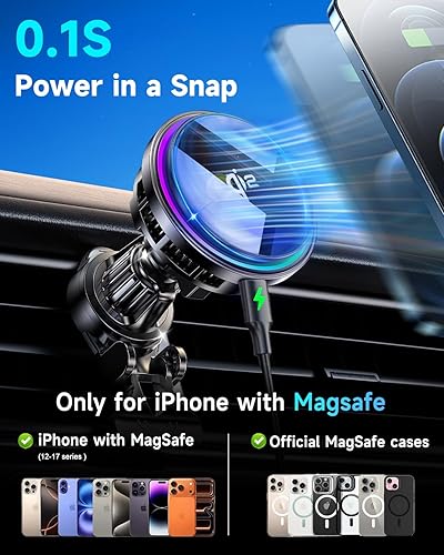 Miniatura 7 de Para Qi2 15W MagSafe Cargador de montaje de coche RGB luz, refrigeración por hielo, cargador inalámbrico magnético para coche, soporte de teléfono,