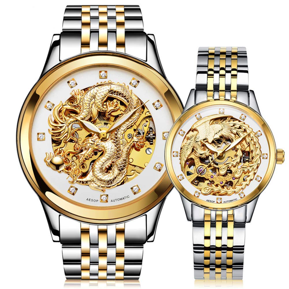 MASTOP Relojes para parejas de zafiro para hombres y mujeres, juego de parejas, mecánicos automáticos, de acero inoxidable, resistentes al agua