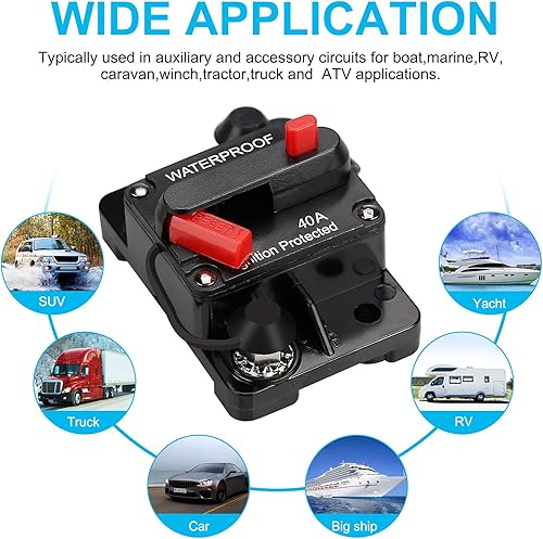 Miniatura 7 de Disyuntor impermeable de 40 amperios, portafusibles, disyuntor de audio, con reinicio manual, 12V-48V CC, 30A-300A, para sistema de audio de barco
