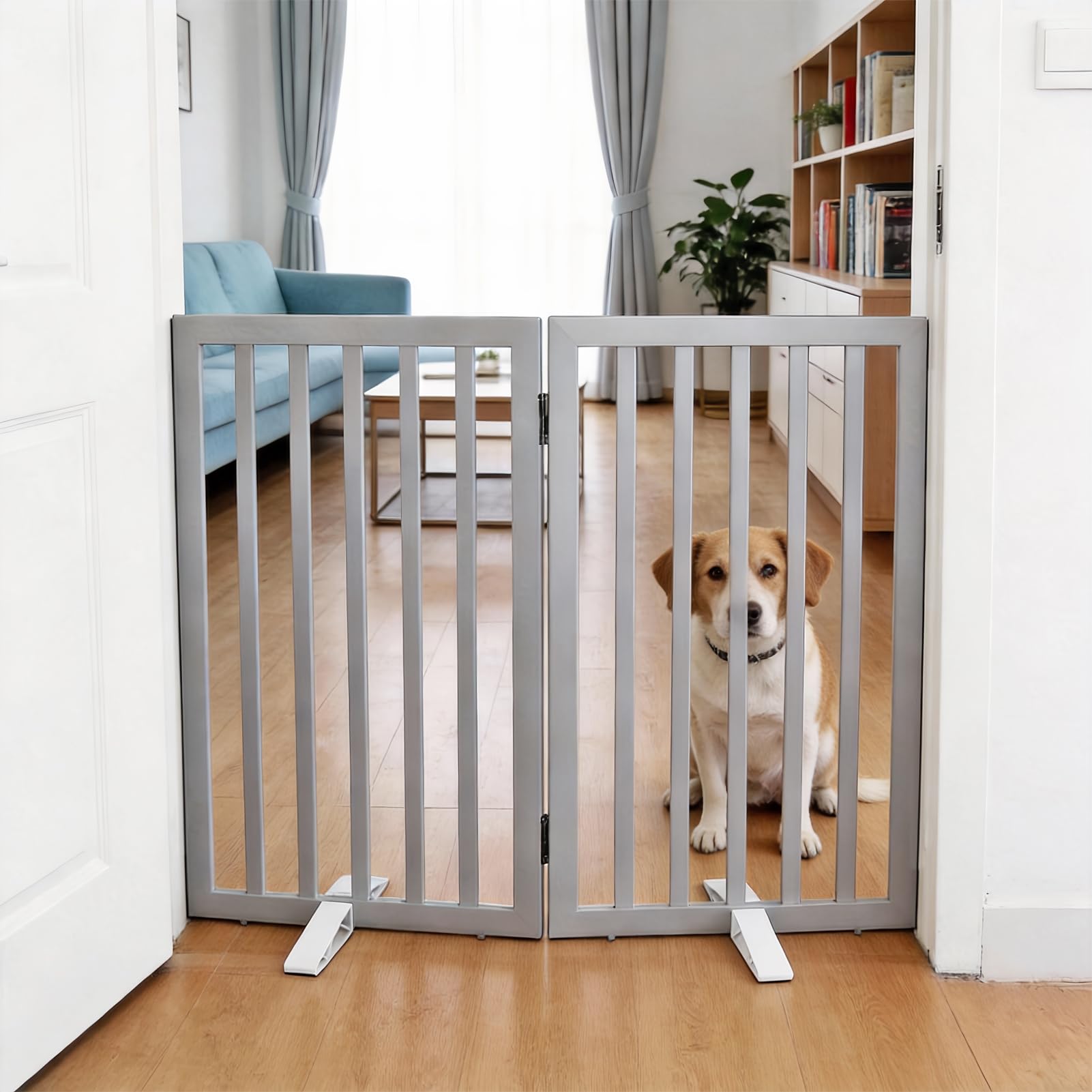 SFJC Dog Gate Indoor, Freestanding Dog Fence for The House, Doorways, Hallways,or Stairs,Pet Gate Foldable Wooden,Expandable 32" Height 2 Panels,Grey