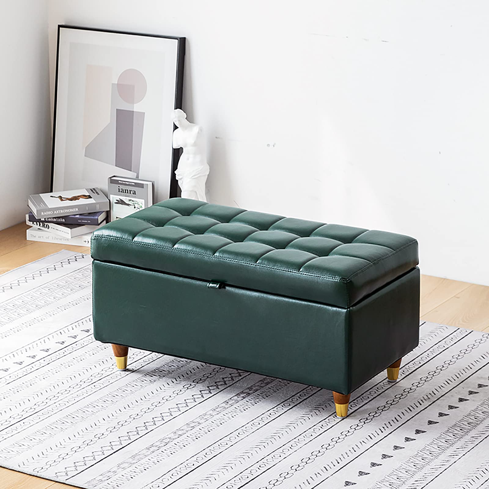 Banc de rangement en cuir rectangulaire marron pour salon et chambre