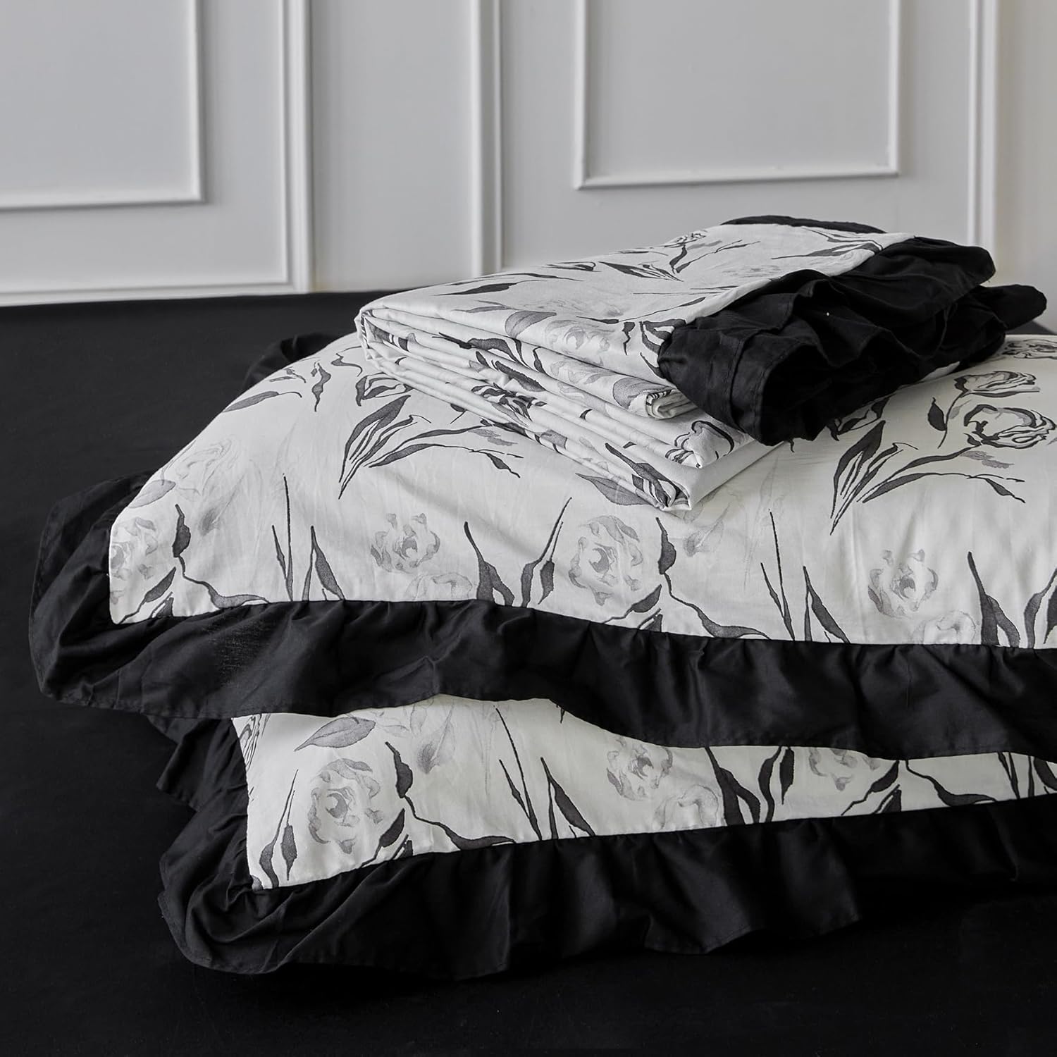 YuHeGuoJi Black White Floral Duvet Cover Queen 100% Cotton 3 Pcs Set 1 Ruffle Botanical Duvet Cover with Zipper Ties 2 Pillow Shams Vintage Shabby Chic Grey Flower Bedding Set Soft