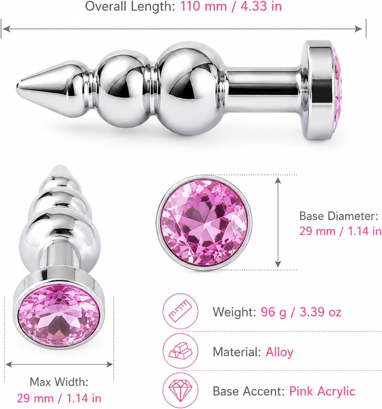 Metal Anal Trainer Butt Plug for Beginners, 3 Beads Anal Sex Toy, Pink