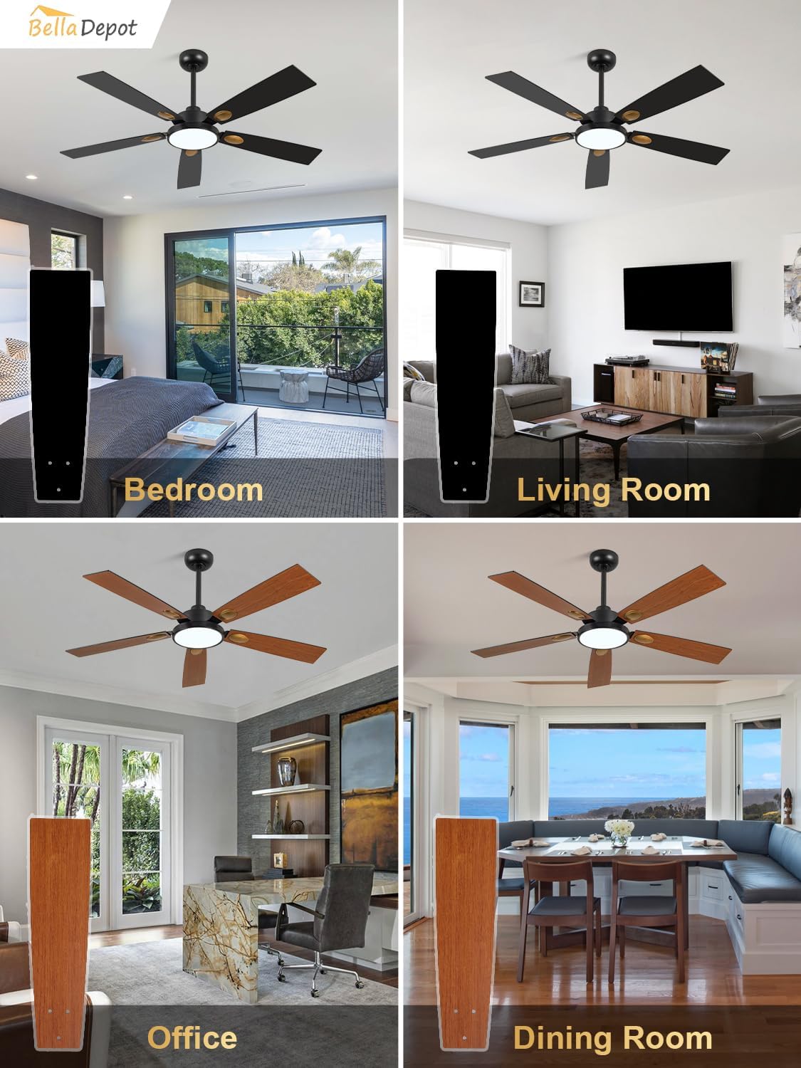 Bella Depot 52 Inch Black and Gold Ceiling Fan with Light, Modern Ceiling Fan with Dimmable LED Light, Chandelier Fan with Quiet DC Motor for Living Room, Bedroom, Kitchen (Black Gold)