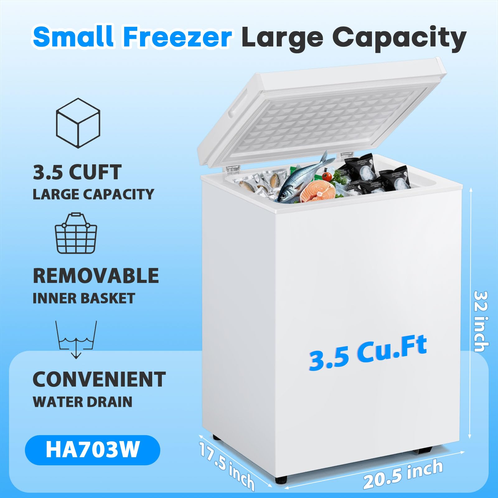 Doghly 3.5 Cu.Ft Chest Freezer, Small Deep Freezer With 7 Adjustable Temperature Levels, Mini Freezer For Office Garage Apartment, Compact Food Storage Small Freezer Chest, White on Fridge.com - View 6
