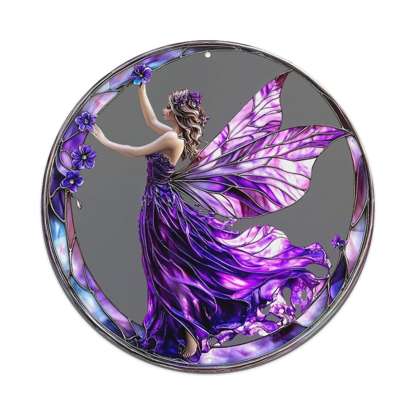 Purple Fairy With Wings And Flowers Round Tin Sign Vintage Metal Sign Home Bar Garden Indoor & Outdoor Wall Decor Retro Metal Poster 8x8 Inch