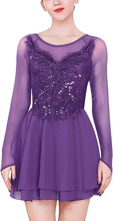 ODASDO Figure Skating Dress for Women Mesh Long Sleeve Criss Cross Back Sequin Bead Chiffon Skirted Leotard Dancewear