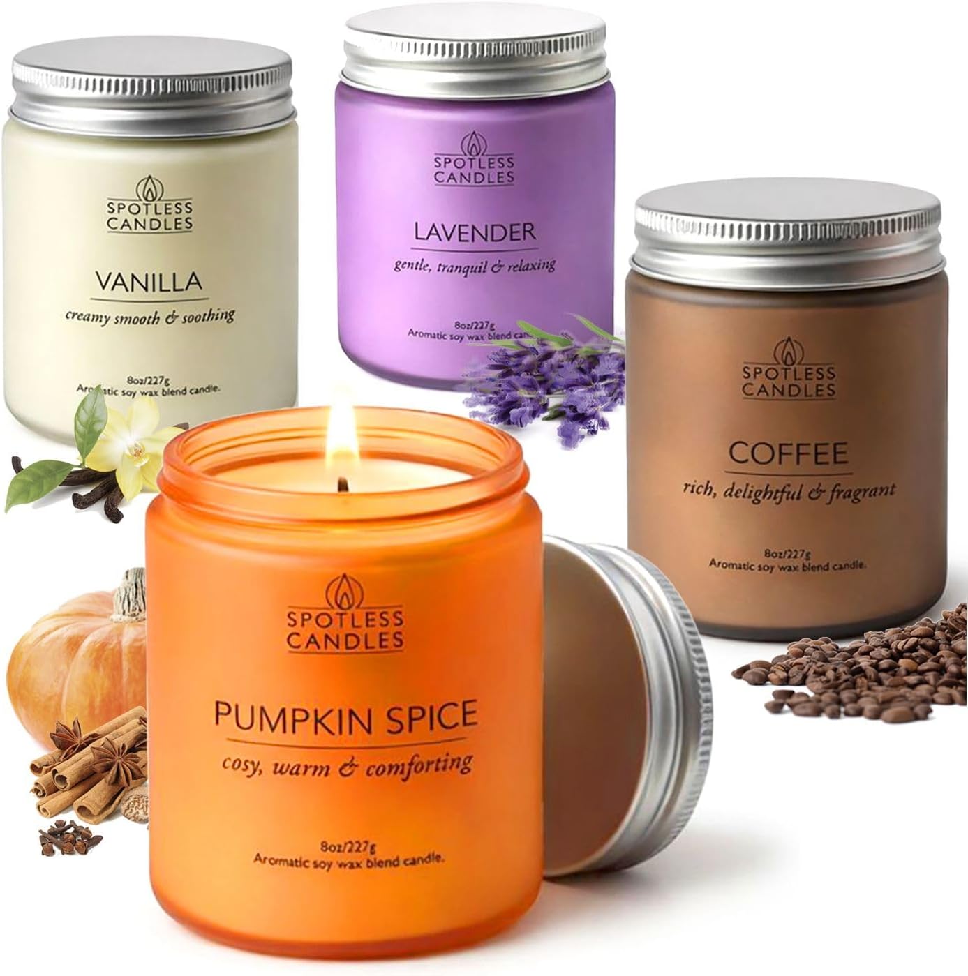 Candles for Women - 4 x 8oz Colored Glass Jars (3.7" H x 2.87" Dia) Mixed Set of Classic Scents Pumpkin Spice, Coffee, Vanilla, Lavender, 200 Hours Burn Time, Classic Candle Set by Spotless Leopard