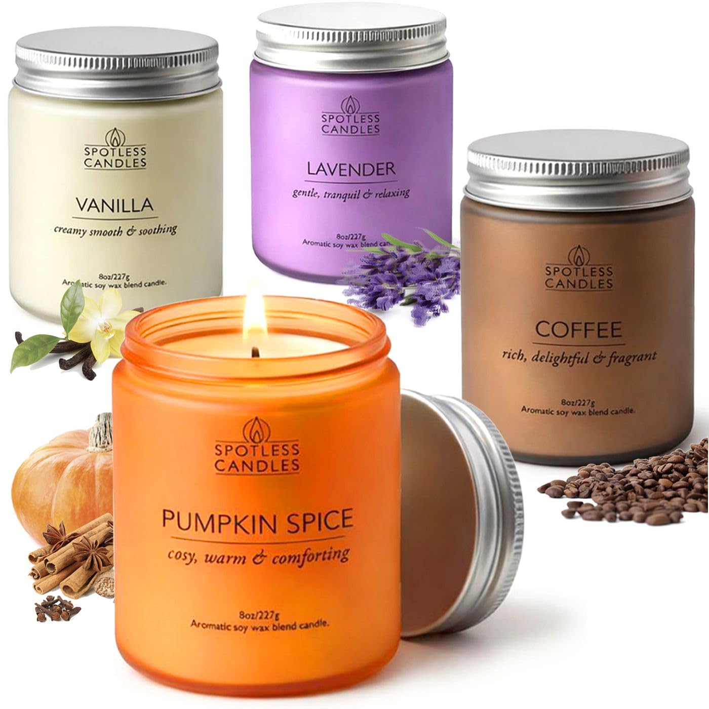 Spotless Leopard Juego de velas para mujer, regalos para mujer, paquete de 4 velas perfumadas de 227 g, juego mixto de aromas clásicos en tarros de vidrio de colores de 7,6 x 10,16 cm, pino, café,