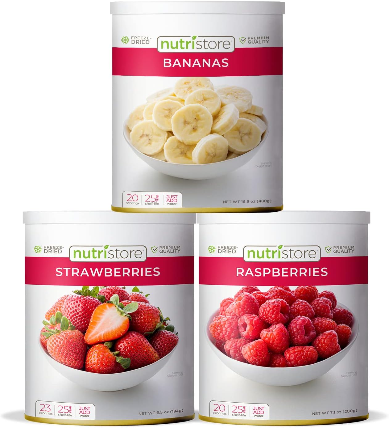 Nutristore Freeze Dried Fruit Variety Sample Pack | Strawberries, Bananas, & Raspberries | Delicious Healthy Snacks | Emergency Survival Food Storage Supply | 60 Servings
