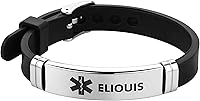 Vista 14 de Pulsera de identificación de alerta médica grabada con láser, pulsera ajustable negra ELIOUS para hombres y mujeres, primeros auxilios